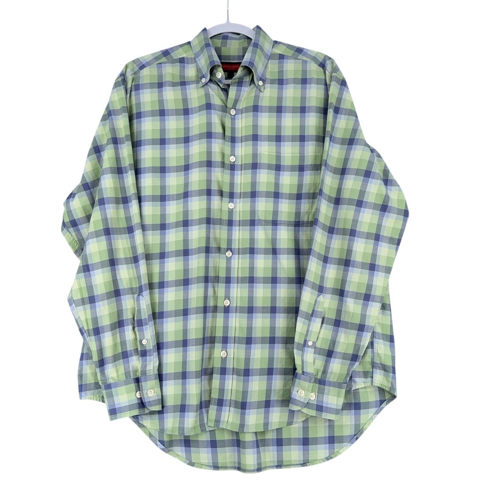 Austin Reed Button Down Shirt Mens M 100% Cotton Green Blue Plaid